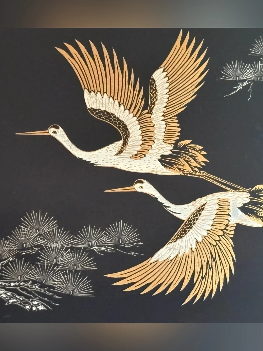 VTG Artmark Flying Cranes & Branches Black Melamine Serving Tray Wrapped Handles